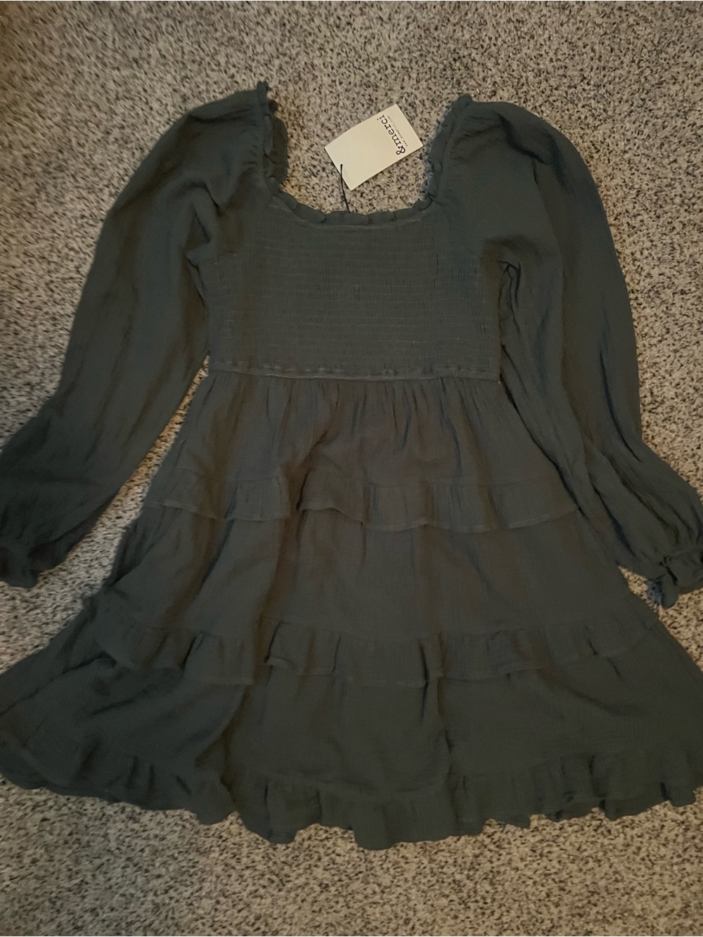 & Mercy Dark Green Smocked Tiered Mini Dress!